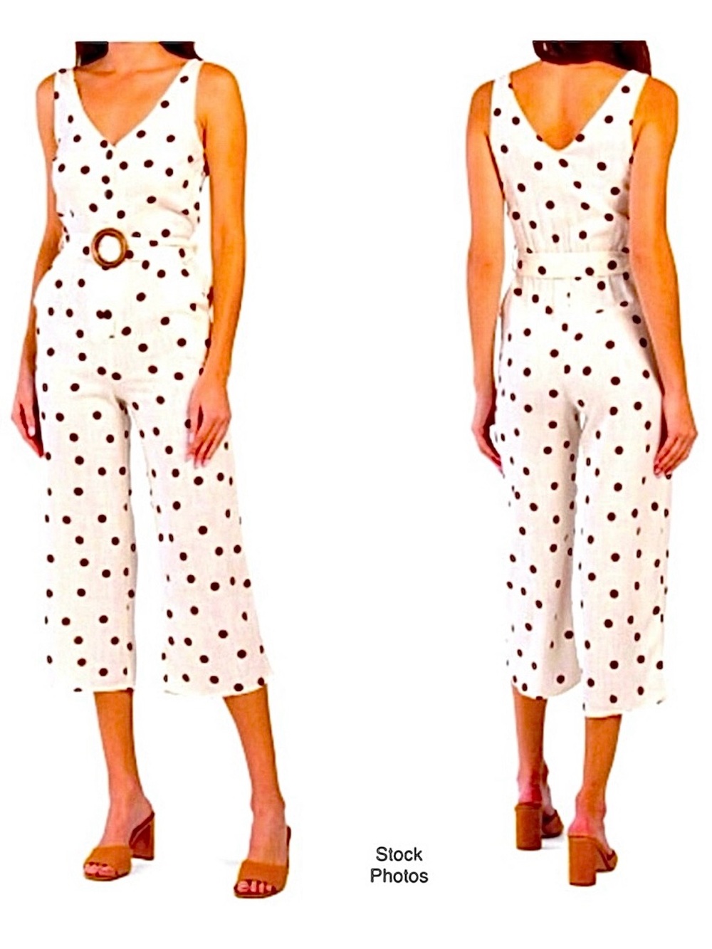 NWT MONTEAU Linen Blend Polka Dot Belted Jumpsuit Pockets Sleeveless (S)